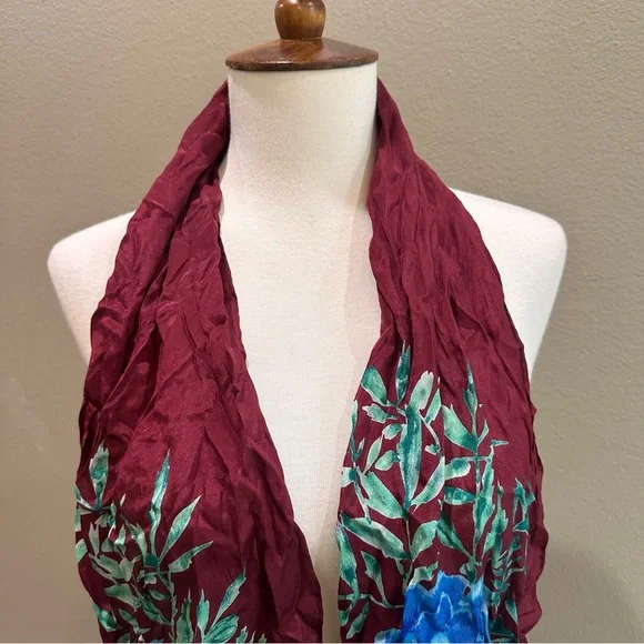 Elegant Floral Scarf in Burgundy and Blue Hydrangea Floral Silk - Picture 4 of 9